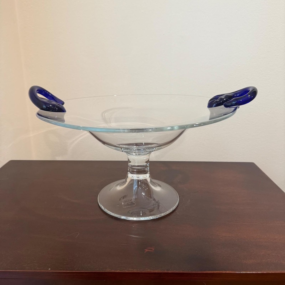 Sasaki crystal Footed Bowl Clear Glass Pedestal Serving Dish Blue‎ Handles